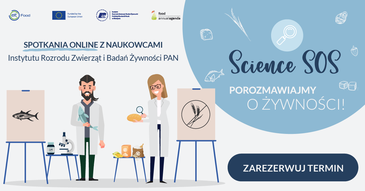 Baner akcji "Science SOS" prowadzonej przez naukowców z Instytutu Rozrodu Zwierząt i Badań Żywności PAN w Olsztynie. "Science SOS" to spotkania online na temat żywności, jej wartości odżywczych i oddziaływania na nasze zdrowie.